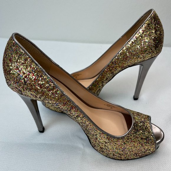 Guess Glitter Multicolor Gold Peep Toe Platform Heels Holiday Women's Size 9M - Picture 16 of 16